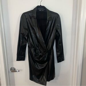 ZARA: Black Faux Leather Mini Dress with collar